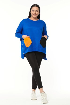 Kadın Büyük Beden Renkli Cepli Ekstra Rahat Kalıp Mavi Sweatshirt