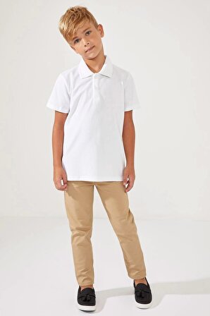 Beyaz Polo Yaka Basic Kısa Kollu Kız - Erkek Çocuk Tişört