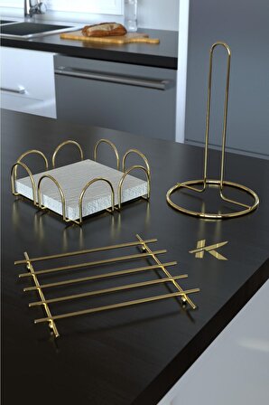 Dekoratif Kaşıklık Peçetelik Nihale Ve Dik Havluluk Ultra Parlak Paslanmaz Gold 3lü Set