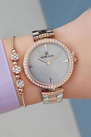 Daniel Klein Rose Gold/Metalik Gri Kadranlı Taşlı Kadın Kol Saati + Zirkon Taşlı Bileklik