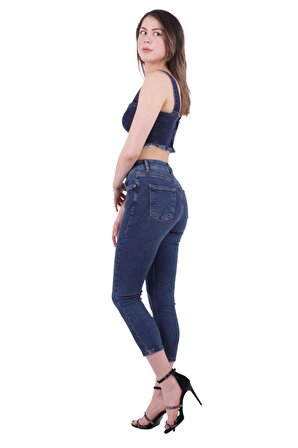 Düşük Belli Bilek Boylu Cepli ve Astarsız Skinny Kadın Kot Pantolon Jean Koyu Mavi Denim