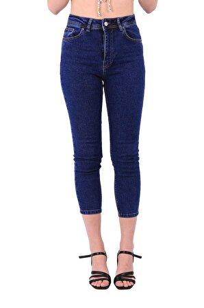 Düşük Belli Bilek Boylu Cepli ve Astarsız Skinny Kadın Kot Pantolon Jean Normal Koyu Mavi Denim