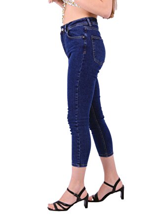 Düşük Belli Bilek Boylu Cepli ve Astarsız Skinny Kadın Kot Pantolon Jean Normal Koyu Mavi Denim