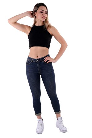 Paçaları Çift Katlı ve Yüksek Belli Cepli Kadın Kot Pantolon Skinny Jean Koyu Renkli Denim