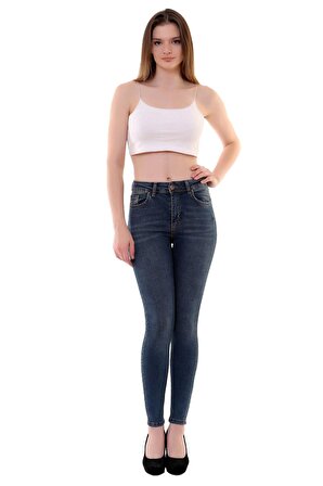Yüksek Belli Cepli ve Astarsız Skinny Jean Kadın Kot Pantolon Koyu Renkli Denim Dört Mevsim