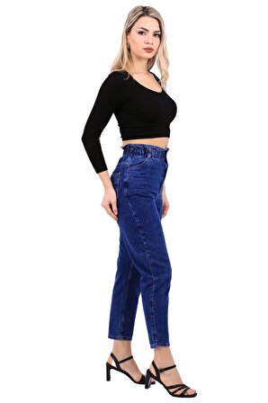 Beli Lastikli ve Yüksek Belli Cepli Astarsız Kadın Kot Pantolon Jean Koyu Mavi Denim