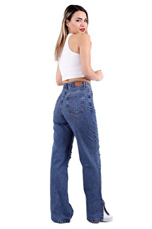 Bacakları Yırtıklı ve Paçaları Yırtmaçlı Geniş Paçalı Kadın Kot Pantolon Jean Orta Mavi Denim