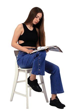 Paçaları Çıtçıtlı Detaylı Yüksek Belli Cepli Astarsız Kadın Kot Pantolon Jean Açık Mavi Denim