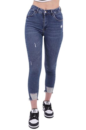 Paçaları Yırtıklı ve Yüksek Belli Cepli Astarsız Kot Kadın Pantolon Skinny Jean Orta Mavi Denim