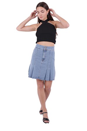 Pileli ve Çan Modelli Cepsiz Astarsız Kadın Kısa Kot Etek Durulanmış Mavi Denim Yaz / Bahar 