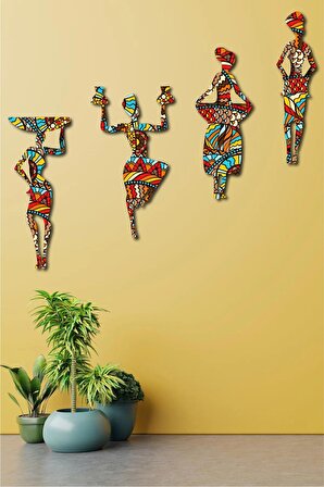 Çok Renkli 4 Parça Etnik Desenler Afrikalı Kadınlar 4lü Tablo Seti