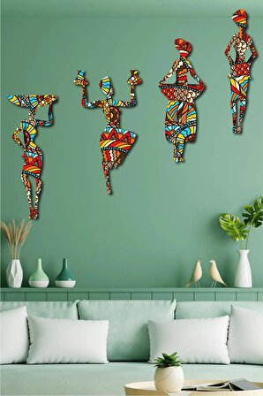Çok Renkli 4 Parça Etnik Desenler Afrikalı Kadınlar 4lü Tablo Seti