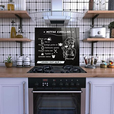 Decovetro Ocak Arkası Koruyucu Mutfak Kuralları Yazı Desenli 60x52Cm