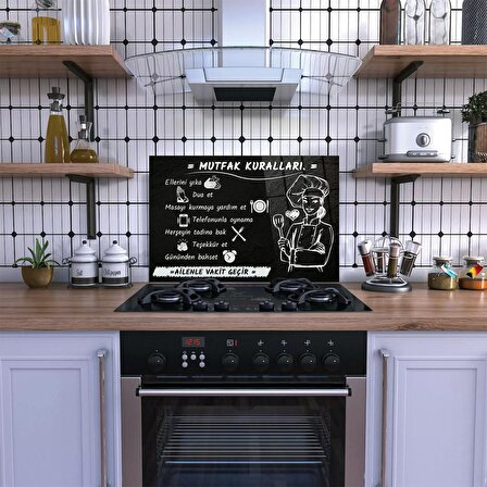 Decovetro Ocak Arkası Koruyucu Mutfak Kuralları Yazı Desenli 76x50Cm
