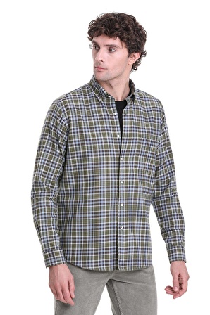 Haki Comfort Fit Kareli Düğmeli Yaka Uzun Kollu Casual Gömlek | S