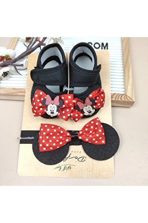 Minnie Mouse Desenli Kız Bebek Patik Ve Bandana 0-6 Ay