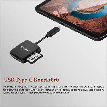 Transcend TS-RDC3 SD/microSD, USB 3.2 Gen 1, Siyah, Type C Kart Okuyucu 
