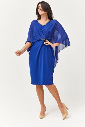 Kadın Büyük Beden Şifon Kol Ve Taş Detaylı Saks Abiye & Gece Elbisesi
