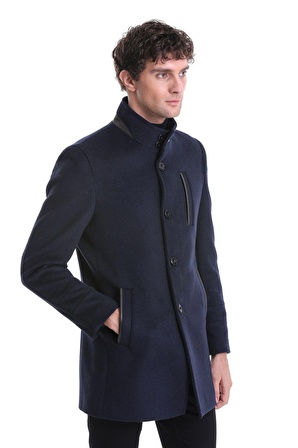 Lacivert Regular Fit Hakim Yaka Yünlü Kaşe Palto | 3XL