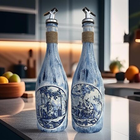 Beyaz Sunum Stantlı Çini Desenli Mavi Japon İzleri Şarap Şişesi Yağdanlık Seti Mutfak Dekoru