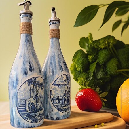 Beyaz Sunum Stantlı Çini Desenli Mavi Japon İzleri Şarap Şişesi Yağdanlık Seti Mutfak Dekoru
