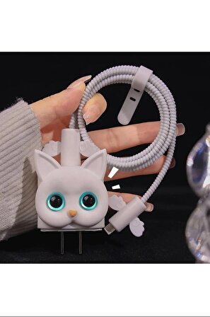Dayanıklı Figürlü Sevimli Iphone Şarj Başlığı Adaptörü Koruma Kablo Koruyucu 3'lü Süper Koruma Seti - Beyaz Kedi