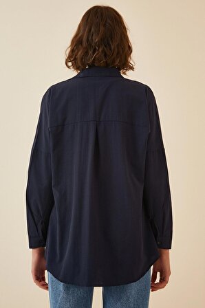 Kadın Lacivert Oversize Uzun Basic Gömlek HZL22W-BD139001