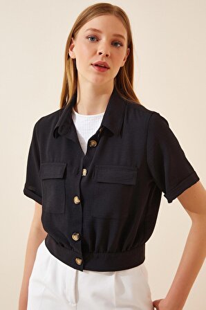 Kadın Siyah Cepli Düğmeli Kısa Kollu Yazlık  Crop Gömlek Ceket HZL22S-BD106631