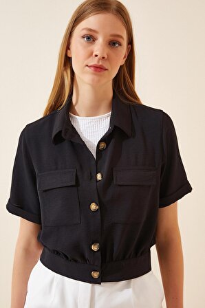 Kadın Siyah Cepli Düğmeli Kısa Kollu Yazlık  Crop Gömlek Ceket HZL22S-BD106631