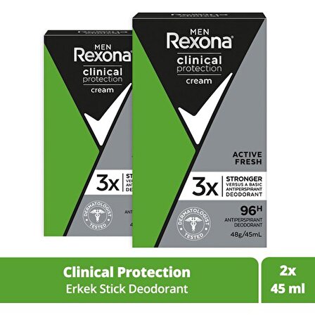 Rexona Men Clinical Protection Stick Deodorant Active Fresh 96 Saate Kadar Koruma 45 Ml X2 Adet