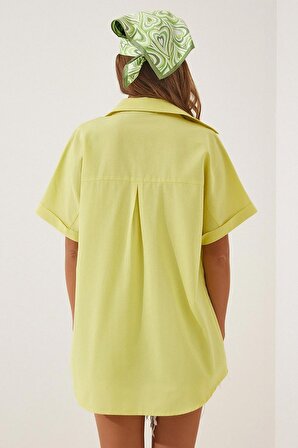 Kadın Sarı Oversize Uzun Kısa Kollu Basic Poplin Gömlek HZL22S-BD1201201