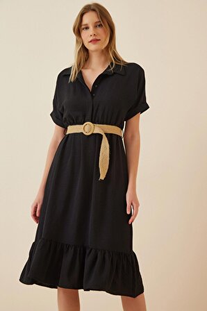 Kadın Siyah Gömlek Yaka Düğmeli  Hasır Kemerli Ayrobin Elbise HZL22S-BD122921