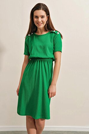 Kadın Yeşil Elastik Bel Düğme Detaylı Rahat Örme Elbise HZL22S-BD123751