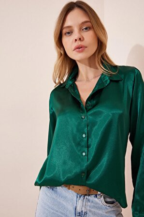 Kadın Zümrüt Yeşili Hafif Dökümlü Saten Yüzeyli Gömlek HZL22W-BD139641