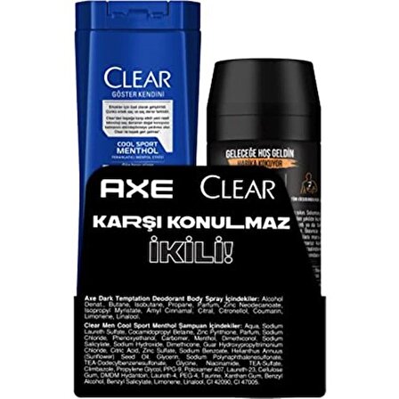 Axe Deodorant Body Spray Dark Temptation 150 Ml + Clear Men Şampuan Cool Sport Menthol 180 Ml