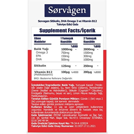 Sorvagen Smart Sitikolin, Dha Omega 3 Norveç Balık Yağı Ve B12 (30 Kapsül)