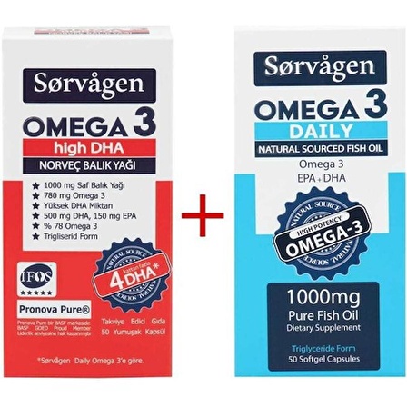 Sorvagen Omega 3 High Dha Saf Norveç Balık Yağı, 1000 Mg Ve Adet Omega 3 Daily Saf Balık Yağı, 50 Kapsül