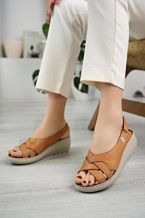 Mammamia D24ys-1385 Kadın Deri Dolgu Topuklu Comfort Sandalet Taba