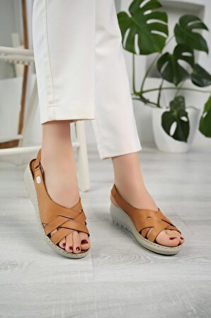 Mammamia D24ys-1385 Kadın Deri Dolgu Topuklu Comfort Sandalet Taba