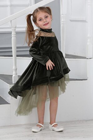 ÇocukYoluKids Tüllü Piyano Yeşil Kadife Kız Çocuk Elbise A1111141111003