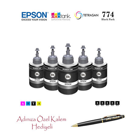 Epson 7741 (BK) 5'Li Siyah, Epson EcoTank L655 Uyumlu Kalem Hediyeli 5 Siyah Mürekkep Seti