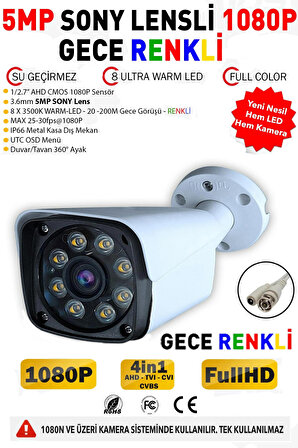 J-TECH 3030 Metal 5MP SONY LENS Gece Renkli 8 Warm Light 1080P AHD Güvenlik Kamera