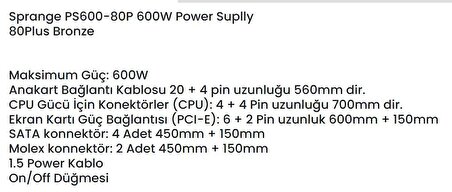 Sprange PS700-80P 700W 80 Plus Bronze Gamer 12CM Geniş Fan Power Supply