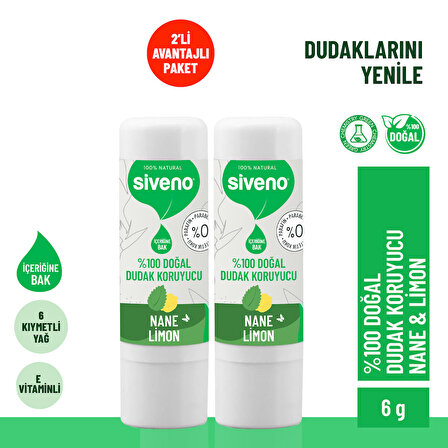 Siveno %100 Doğal Dudak Koruyucu Nane & Limon Lipbalm Krem Nemlendirici Parlatıcı Onarıcı 6 G X 2 Adet