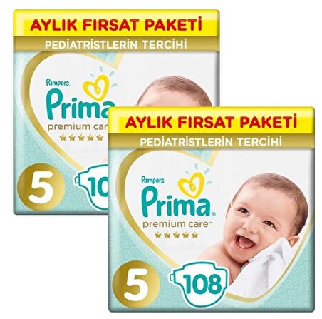 Prima Bebek Bezi Premium Care 5 Beden 108'li Aylık Fırsat Paketi X 2'li