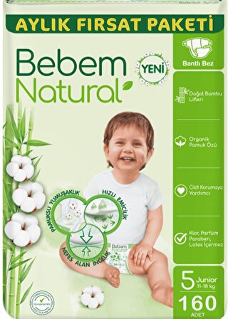 Bebem Natural Bebek Bezi Ultra Fırsat Paketi Junior 5 No 80 x 2 Adet