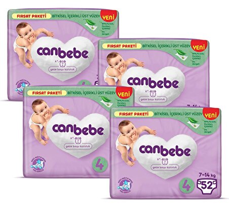 Canbebe Bebek Bezi Fırsat Paketi 4 Beden Maxi (7-14 Kg) 52 li x 4 Adet
