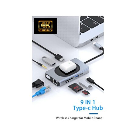 Daytona WW-9 Macbook Uyumlu Type-C To USB 3.0 4K HDMI Gigabit Ethernet RJ45 VGA Sd Tf Kart Pd Aux 9 Port Çevirici Hub Adaptör