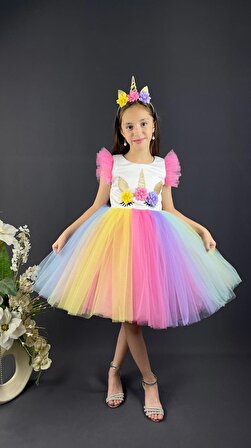 Rengarenk Etekli Taçlı Kız Çocuk Parti Elbisesi