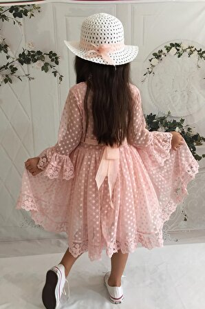 Krem Şapkalı Dantelli Kız Çocuk Elbise